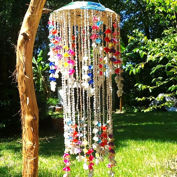 Large Hanging Two Tier Multicolored Shell Wind Chime Chandelier 30